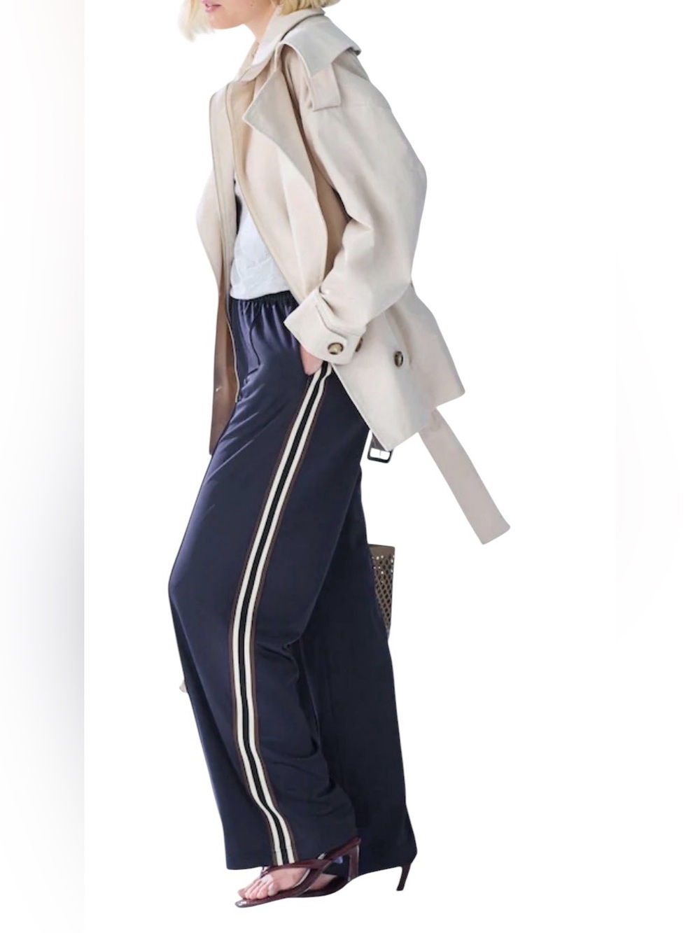 Zara Navy Wide-Leg Track Pants with Contrasting Side Stripes XS